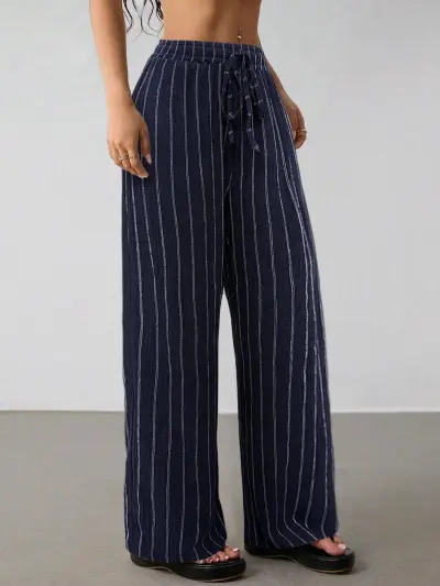 Women Fashion Casual Stripe Drawstring Loose Wide Leg Pants
