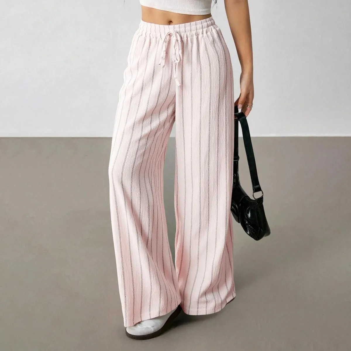 Women Fashion Casual Stripe Drawstring Loose Wide Leg Pants