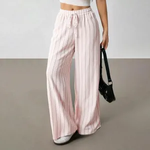 Women Fashion Casual Stripe Drawstring Loose Wide Leg Pants