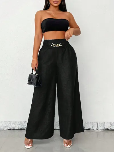 Women Fashion Casual Simple Solid Color High Waist Wide Leg Pants