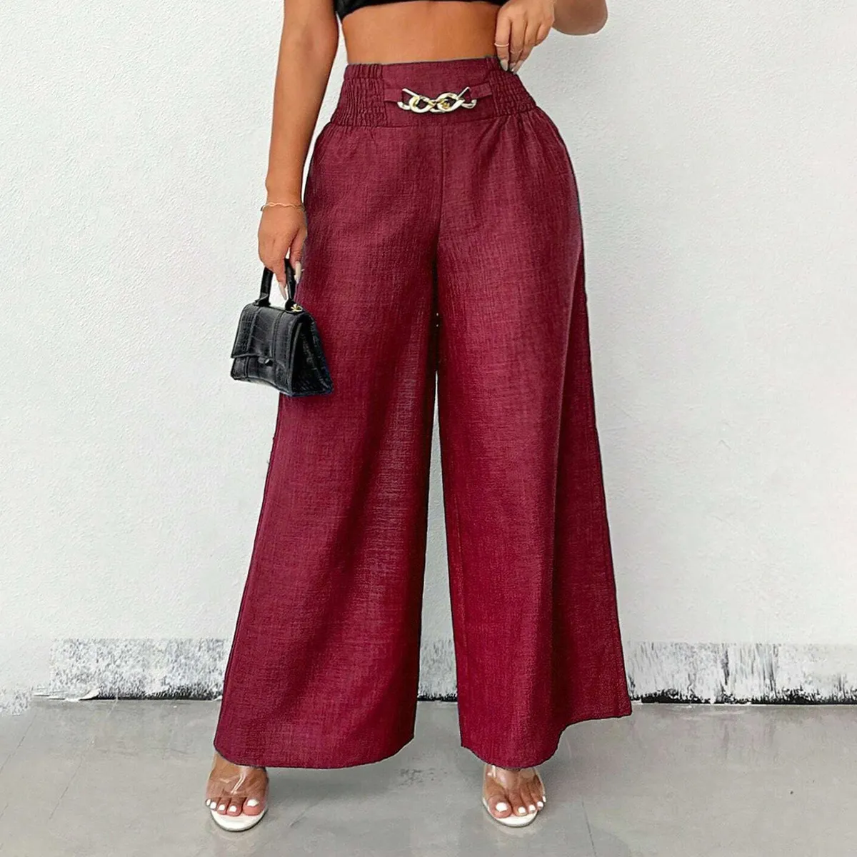 Women Fashion Casual Simple Solid Color High Waist Wide Leg Pants