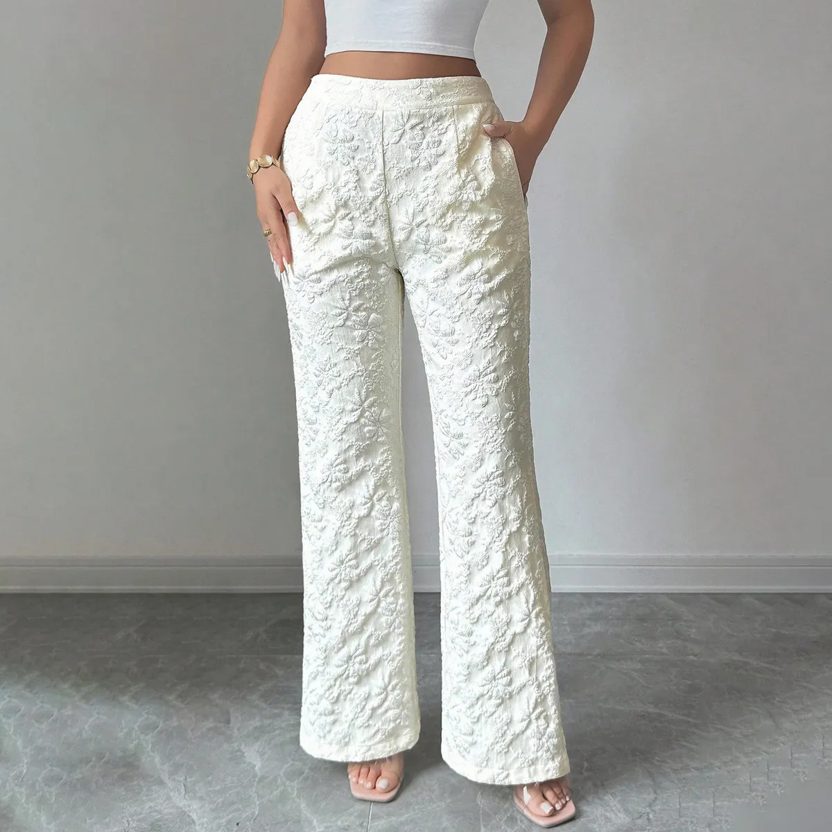 Women Fashion Casual Solid Color Jacquard Mid-Waist Pants