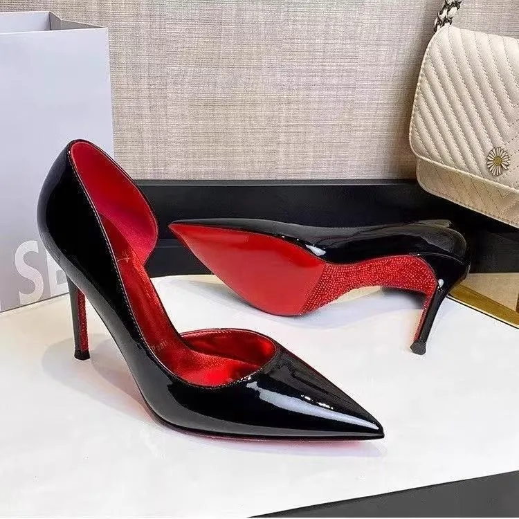 Women Fashion Sexy Solid Color Pointed-Toe Black Red Bottom Rhinestone Stiletto Heel Shoes