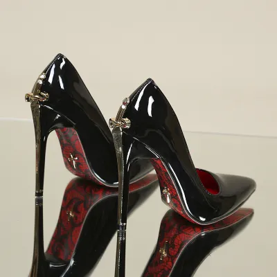 Women Fashion Sexy Solid Color Patent Leather Pointed-Toe Red Bottom Pointed 12cm Super High Heel Shoes