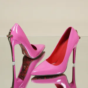 Women Fashion Sexy Solid Color Patent Leather Pointed-Toe Red Bottom Pointed 12cm Super High Heel Shoes