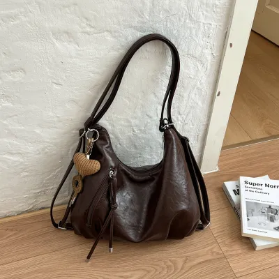 Women Fashion Casual Retro Solid Color Large Capacity Shoulder Bag