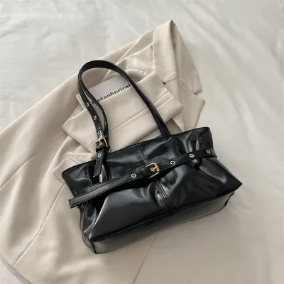 Women Fashion Casual Retro Solid Color Wax Leather Shoulder Bag