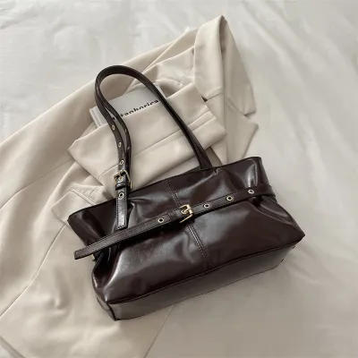 Women Fashion Casual Retro Solid Color Wax Leather Shoulder Bag
