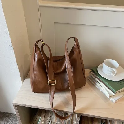 Women Fashion Casual Simple Solid Color Large-Capacity Shoulder Bag