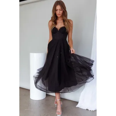Women Fashion Sexy Solid Color Mesh Spaghetti Strap A-Line Party Dress