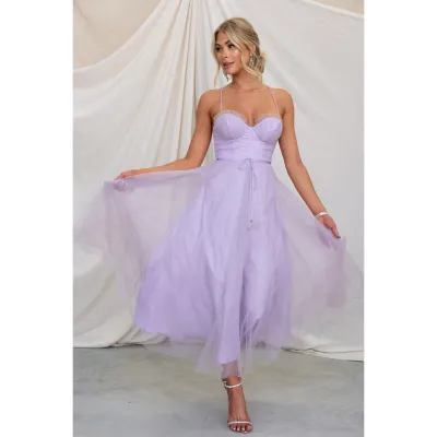 Women Fashion Sexy Solid Color Mesh Spaghetti Strap A-Line Party Dress