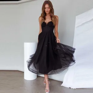 Women Fashion Sexy Solid Color Mesh Spaghetti Strap A-Line Party Dress