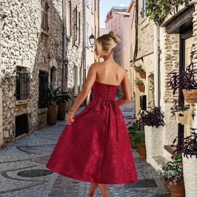 Women Fashion Sexy Elegant Jacquard Satin Strapless A-Line Party Dress