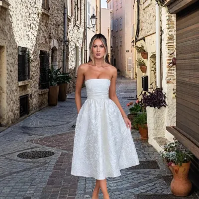 Women Fashion Sexy Elegant Jacquard Satin Strapless A-Line Party Dress