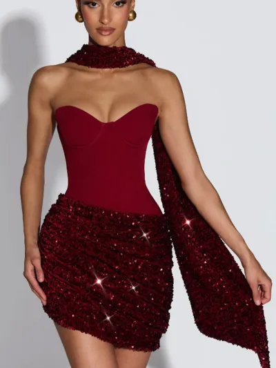 Women Fashion Sexy Sequins Stitching Slim-Fit Banquet Party Dress
