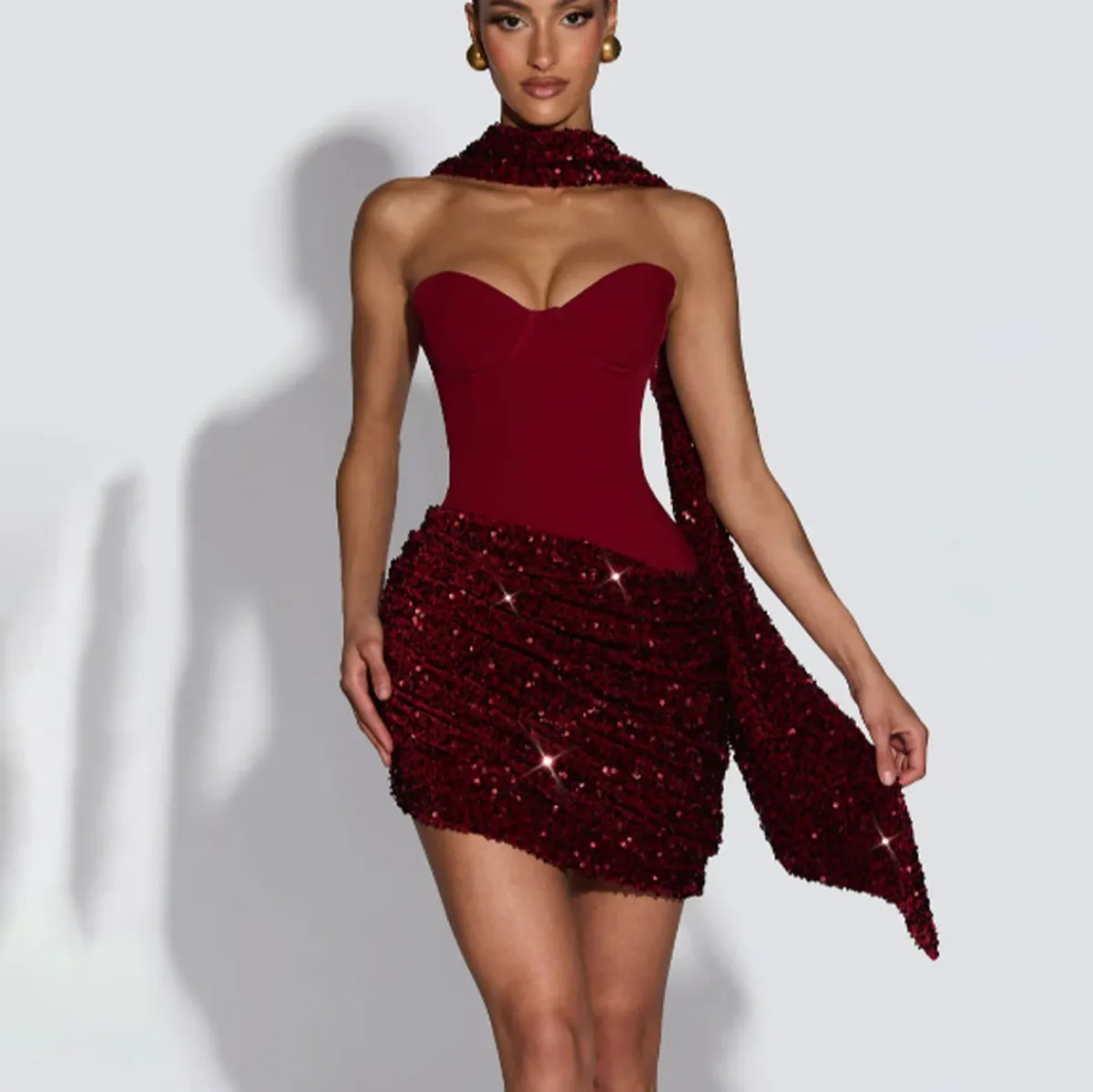Women Fashion Sexy Sequins Stitching Slim-Fit Banquet Party Dress