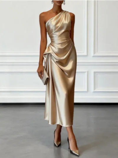 Women Fashion Elegant Solid Color One-Shoulder Slim-Fit Pleated Waist Party Dress