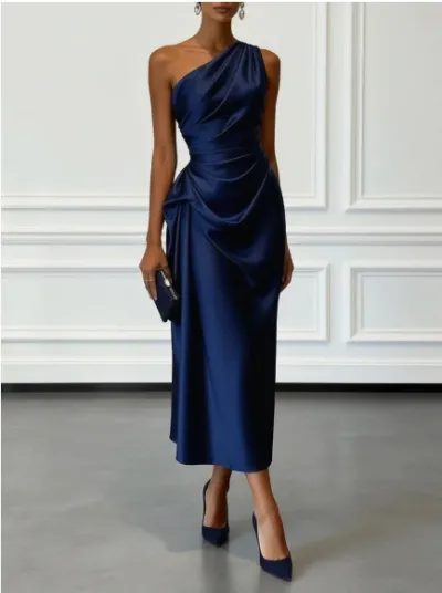 Women Fashion Elegant Solid Color One-Shoulder Slim-Fit Pleated Waist Party Dress