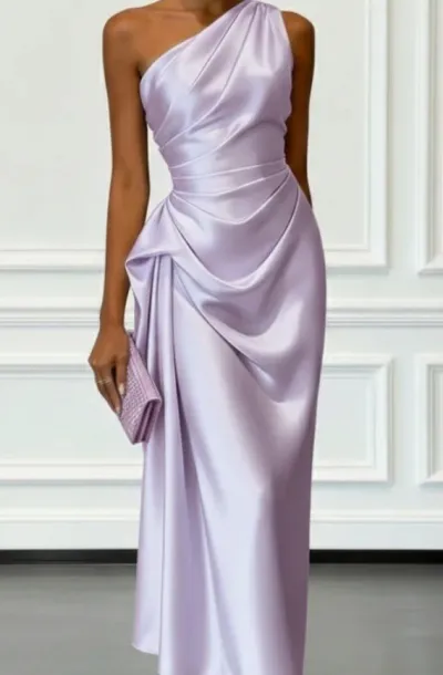 Women Fashion Elegant Solid Color One-Shoulder Slim-Fit Pleated Waist Party Dress
