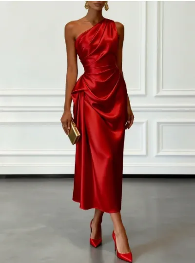 Women Fashion Elegant Solid Color One-Shoulder Slim-Fit Pleated Waist Party Dress