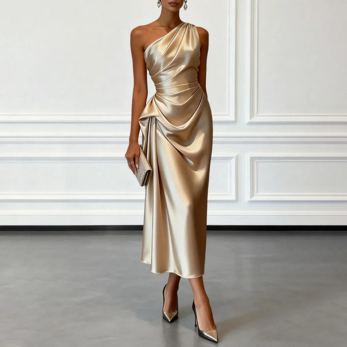 Women Fashion Elegant Solid Color One-Shoulder Slim-Fit Pleated Waist Party Dress