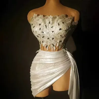 Women Fashion Sexy Perspective Strapless Rhinestone Party Dress