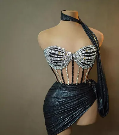 Women Fashion Sexy Perspective Strapless Rhinestone Party Dress