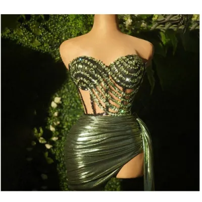 Women Fashion Sexy Perspective Strapless Rhinestone Party Dress