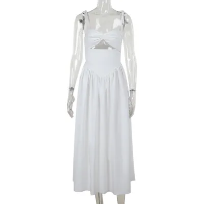 Women Fashion Sexy Summer Solid Color Vacation Hollow-Out Spaghetti Strap Tight Waist A-Line Dress