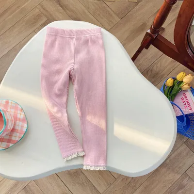 Kids Girls Fashion Casual Spring Pit Strip Lace-Trimmed Pants