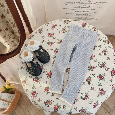 Kids Girls Fashion Casual Spring Pit Strip Lace-Trimmed Pants