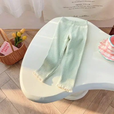 Kids Girls Fashion Casual Spring Pit Strip Lace-Trimmed Pants