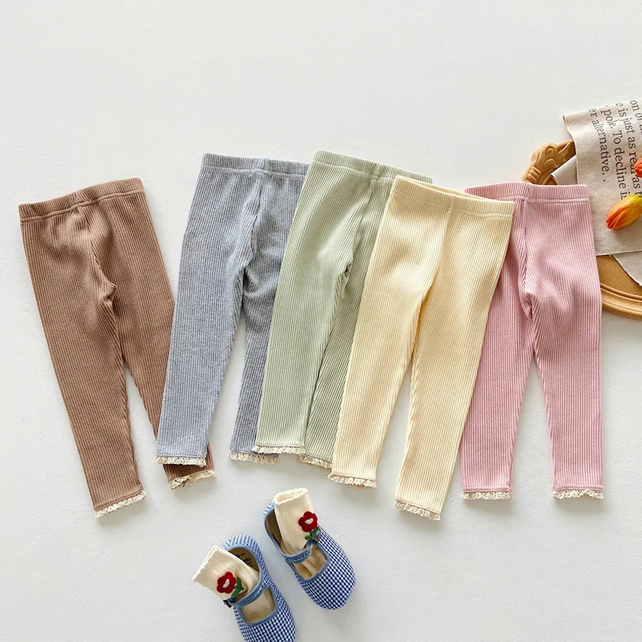 Kids Girls Fashion Casual Spring Pit Strip Lace-Trimmed Pants