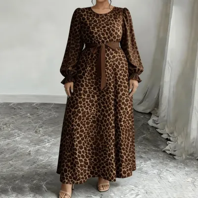 Vestido de manga larga con cuello redondo y estampado de leopardo, estilo casual y talla grande para mujer.