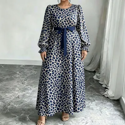 Women Fashion Casual Plus Size Leopard Printed Round Neck Long-Sleeve Dress