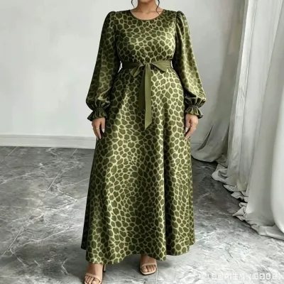 Women Fashion Casual Plus Size Leopard Printed Round Neck Long-Sleeve Dress
