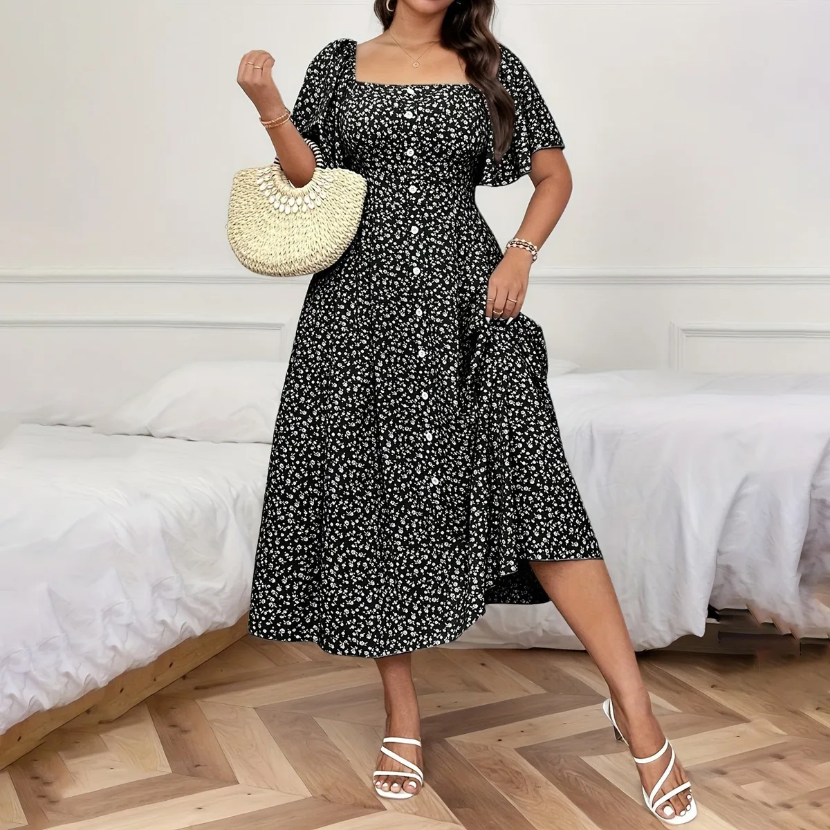 Women Fashion Casual Summer Plus Size Printed Square Neck Short-Sleeve A-Line Dress