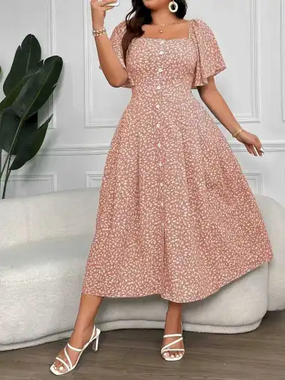 Women Fashion Casual Summer Plus Size Printed Square Neck Short-Sleeve A-Line Dress