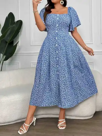 Women Fashion Casual Summer Plus Size Printed Square Neck Short-Sleeve A-Line Dress