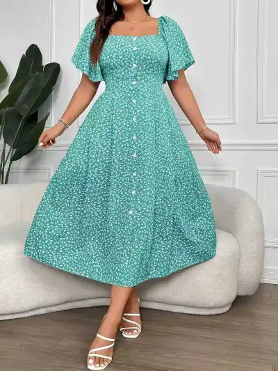 Women Fashion Casual Summer Plus Size Printed Square Neck Short-Sleeve A-Line Dress