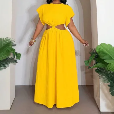 Vestido de mujer elegante, informal, de verano, talla grande, color liso, cuello redondo y manga corta.