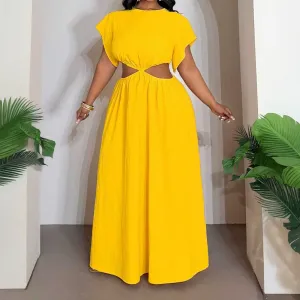 Women Fashion Casual Summer Elegant Plus Size Solid Color Round Neck Short-Sleeve Dress