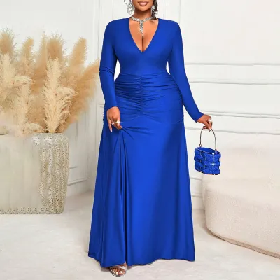 Women Fashion Elegant Plus Size Autumn Solid Color V-Neck Long-Sleeve Dress