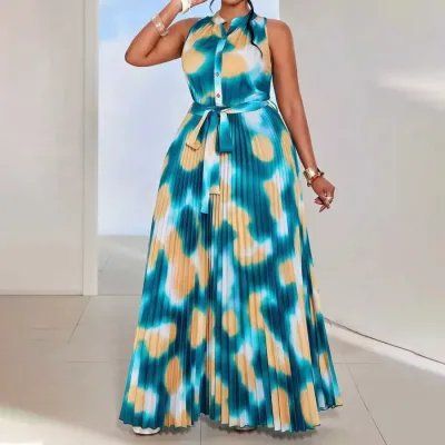 Vestido sin mangas estampado de cuello redondo para mujer, estilo casual, talla grande, moda femenina.