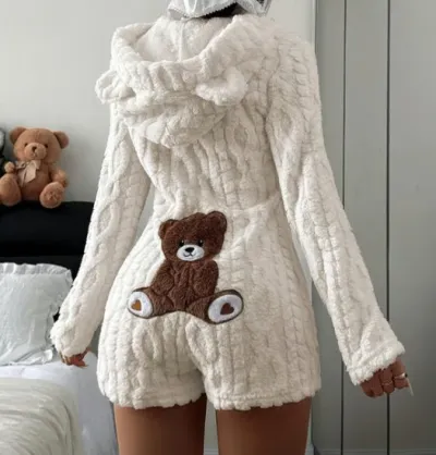 Women Fashion Casual Autumn And Winter Solid Color Long Sleeve Hoodies Plush One-Piece Pajamas
