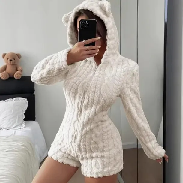 Women Fashion Casual Autumn And Winter Solid Color Long Sleeve Hoodies Plush One-Piece Pajamas
