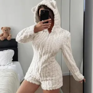 Women Fashion Casual Autumn And Winter Solid Color Long Sleeve Hoodies Plush One-Piece Pajamas