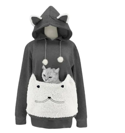 Women Fashion Casual Autumn Winter Embroidered Big Pocket Pet Long-Sleeve Hoodies