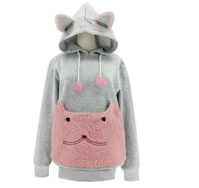 Women Fashion Casual Autumn Winter Embroidered Big Pocket Pet Long-Sleeve Hoodies