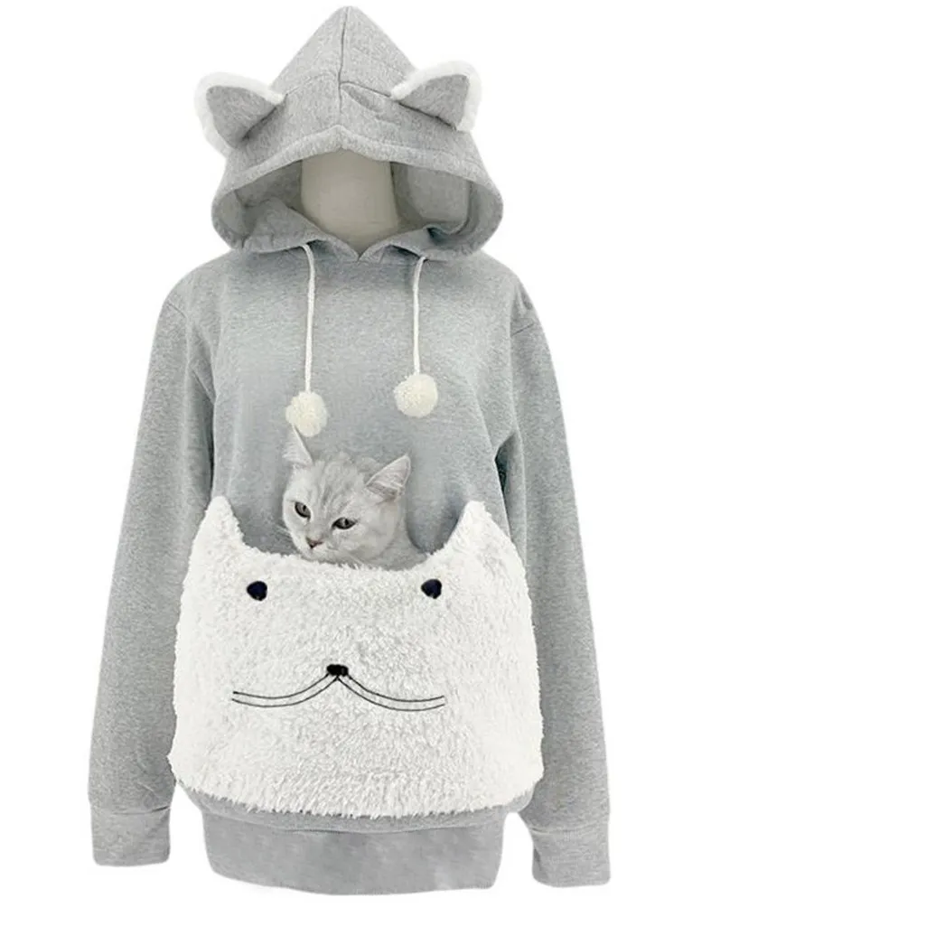 Women Fashion Casual Autumn Winter Embroidered Big Pocket Pet Long-Sleeve Hoodies